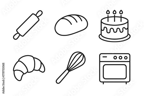 Baking essentials: rolling pin, bread, cake, croissant, whisk, oven icons