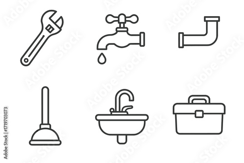 Plumbing tool icons: wrench, tap, pipe, plunger, sink, toolbox in outline style