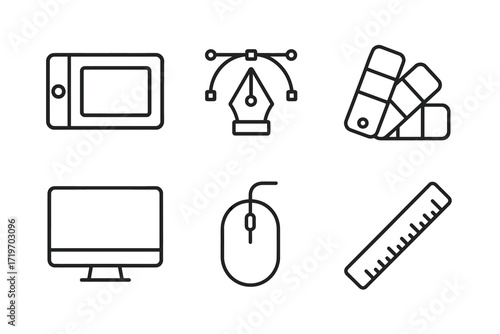 Graphic design tools: tablet, pen tool, swatches, monitor, mouse, ruler icons
