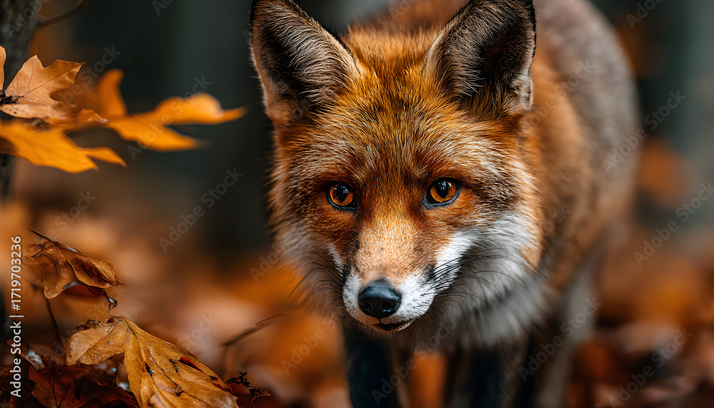 Fototapeta premium exploring the beauty of a close up of a red fox carefully stepping through a forest covered in autumn leaves from another angle