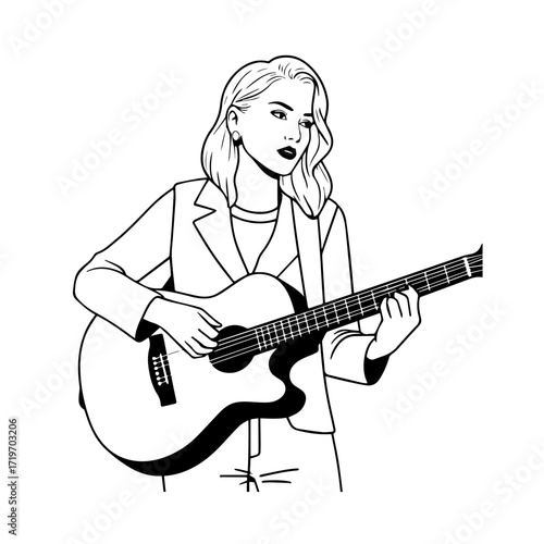 Black and white line art of a cool woman playing guitar in casual outfit minimalist stylish illustration
