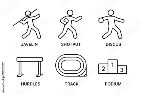Icon set of track and field events: javelin, shotput, discus, hurdles, track, podium