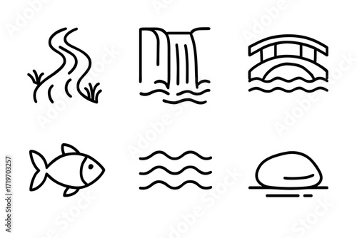 Minimalist nature icons: river, waterfall, bridge, fish, waves, rock designs