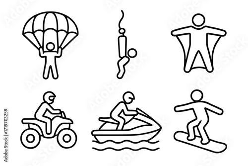 Outline icons of adventure sports activities including paragliding and jet skiing