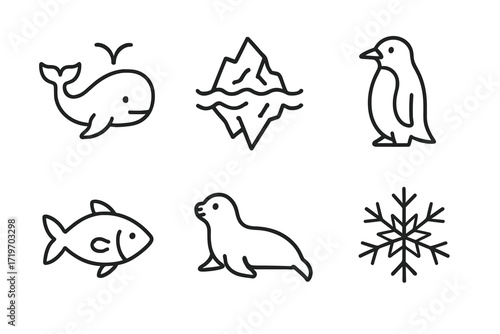 Minimalist arctic icons set: whale, iceberg, penguin, fish, seal, snowflake