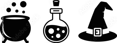 Magical symbols of Halloween: cauldron, potion bottle, and witch hat in black and white