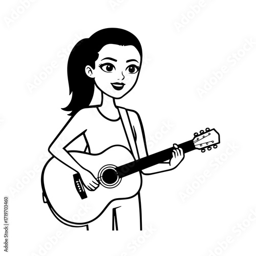 Black and white line art of a cool woman playing guitar in casual outfit minimalist stylish illustration