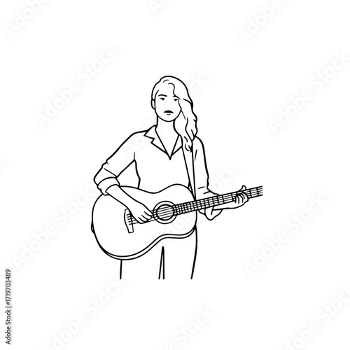 Black and white line art of a cool woman playing guitar in casual outfit minimalist stylish illustration