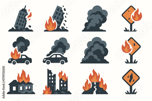 Disaster icon set featuring fire, smoke, and destruction elements