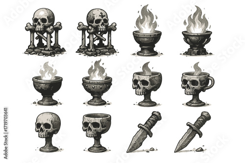 Collection of skulls, chalices, and daggers with flames in monochrome style