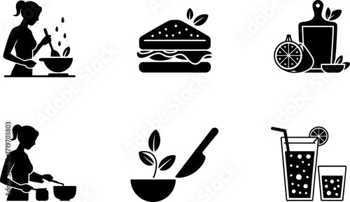 Healthy cooking and refreshing drinks icons for a balanced lifestyle