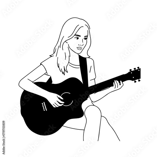 Black and white line art of a cool woman playing guitar in casual outfit minimalist stylish illustration