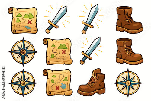 Adventure icons: map, sword, compass, boots
