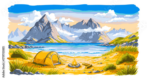 Scenic Camping Adventure by the Lake A Vibrant Illustration of Nature's Beauty and Tranquility
