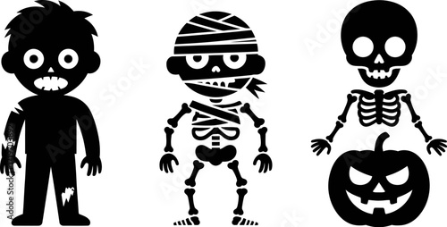 Spooky Halloween characters: zombie, mummy, and skeleton with pumpkin illustration