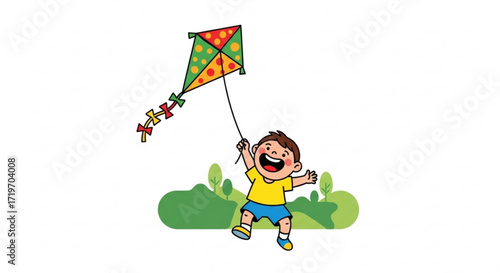A cheerful young boy is joyfully flying a colorful kite in a vibrant outdoor setting, , filled with happiness and fun