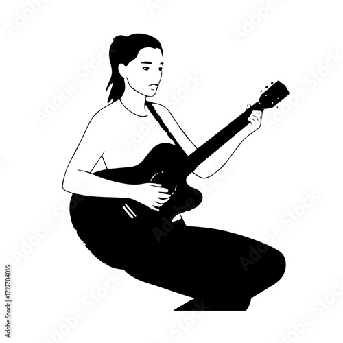 Black and white line art of a cool woman playing guitar in casual outfit minimalist stylish illustration