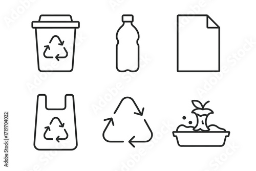 Recycling symbols: bins, bottles, paper, bags, triangles, compost icons