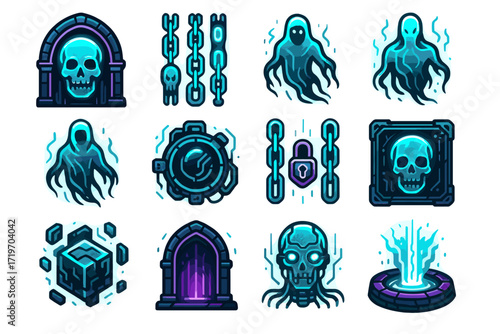 Haunted icons collection with skulls, ghosts, chains, and portals in neon style