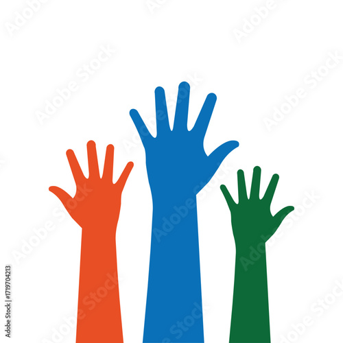 Colorful raised hands illustration symbolizing community, support, diversity, volunteering, and teamwork. Simple vector design perfect for campaigns, education, or social projects.