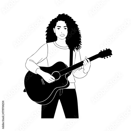 Black and white line art of a cool woman playing guitar in casual outfit minimalist stylish illustration
