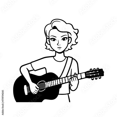 Black and white line art of a cool woman playing guitar in casual outfit minimalist stylish illustration