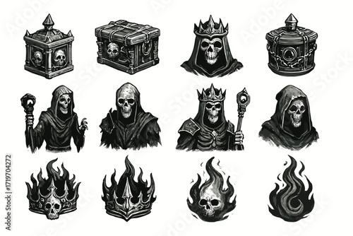 Fantasy skull icons with crowns, chests, and flames — monochrome gothic art