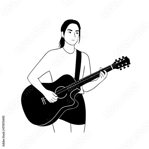 Black and white line art of a cool woman playing guitar in casual outfit minimalist stylish illustration
