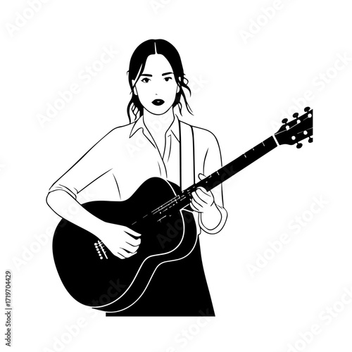 Black and white line art of a cool woman playing guitar in casual outfit minimalist stylish illustration
