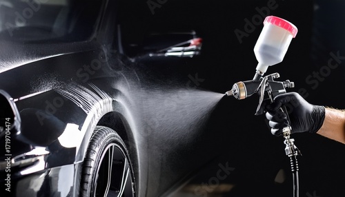 car painting process with spray gun technique on black vehicle surface