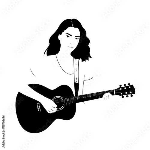 Black and white line art of a cool woman playing guitar in casual outfit minimalist stylish illustration