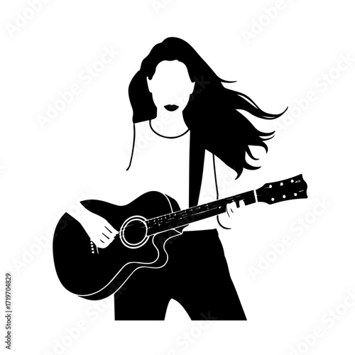 Black and white line art of a cool woman playing guitar in casual outfit minimalist stylish illustration