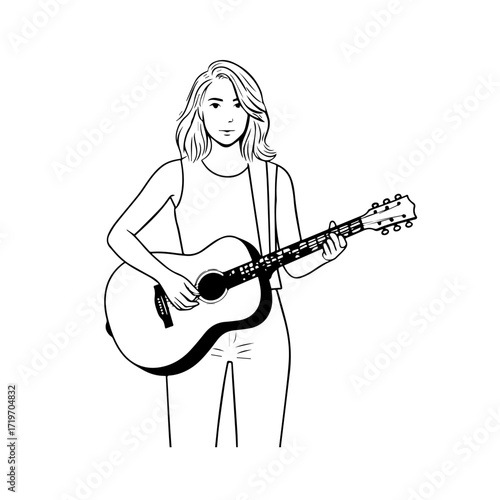 Black and white line art of a cool woman playing guitar in casual outfit minimalist stylish illustration