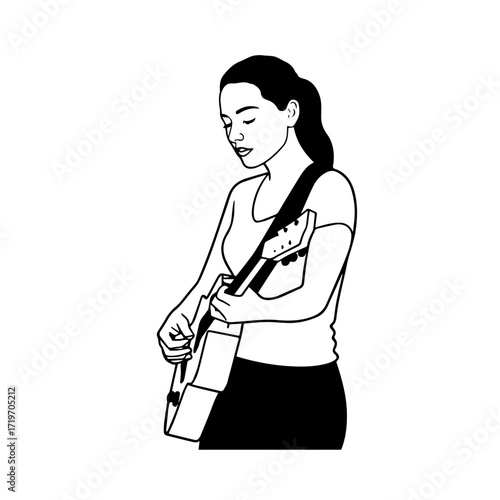 Black and white line art of a cool woman playing guitar in casual outfit minimalist stylish illustration