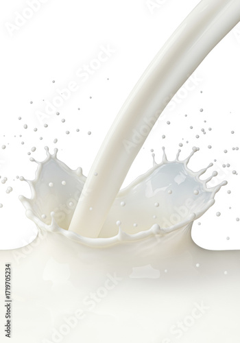 Brilliant white, creamy milk dynamically pouring, creating an explosive intricate splash with suspended droplets and tendrils, on a transparent studio background. Concept for beverage advertising