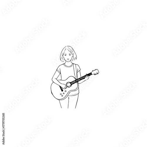 Black and white line art of a cool woman playing guitar in casual outfit minimalist stylish illustration