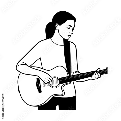 Black and white line art of a cool woman playing guitar in casual outfit minimalist stylish illustration