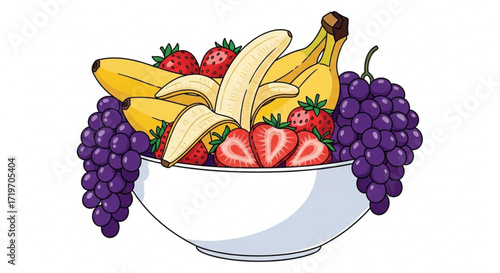 A bowl of fresh and ripe fruits including bananas, strawberries, and grapes it is a healthy and delicious snack