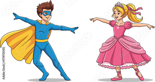 Cartoon superhero boy in blue costume and princess girl in pink dress, children fantasy characters, kids role play, creative illustration