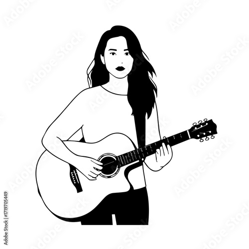 Black and white line art of a cool woman playing guitar in casual outfit minimalist stylish illustration