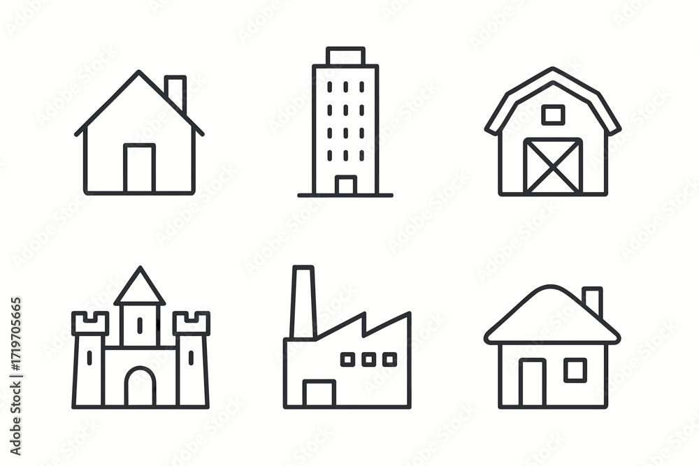 Fototapeta premium Simple icon set of buildings: house, skyscraper, barn, castle, factory, cottage