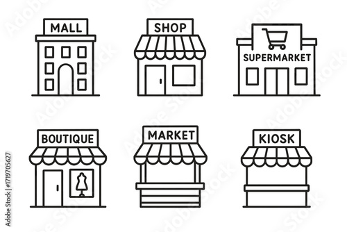 Line icons of mall, shop, supermarket, boutique, market, and kiosk buildings