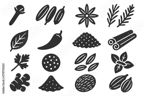 Various herb and spice icons including clove, cardamom, star anise, rosemary, and basil