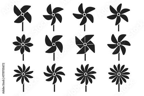 Variety of black pinwheel silhouettes on white background