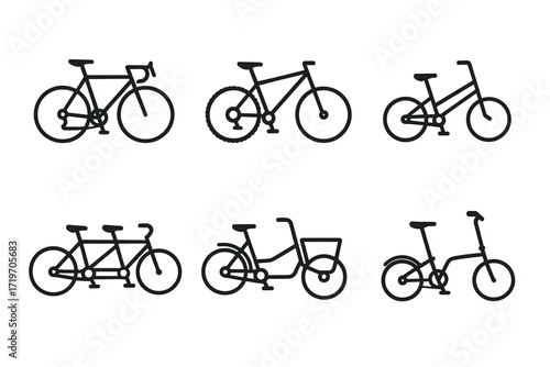 Collection of diverse bicycle silhouettes: road, mountain, folding, tandem, tricycle, electric