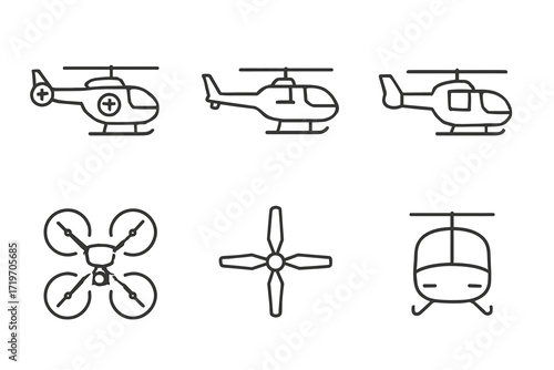 Outlined helicopter and drone icon set for aviation design