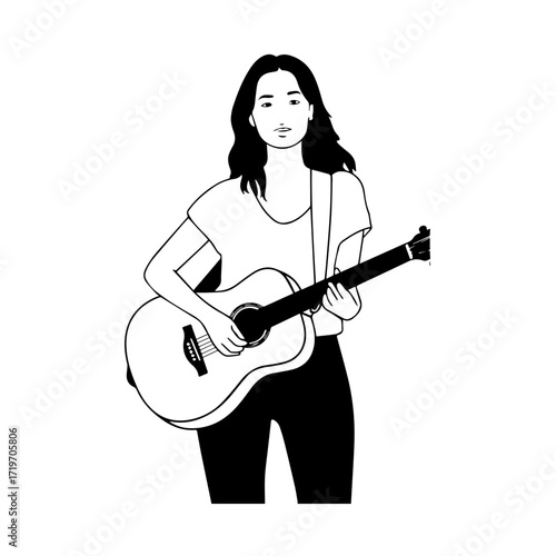 Black and white line art of a cool woman playing guitar in casual outfit minimalist stylish illustration