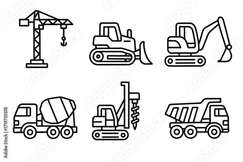Outline icons of construction vehicles: crane, bulldozer, excavator, mixer, drill, dump truck