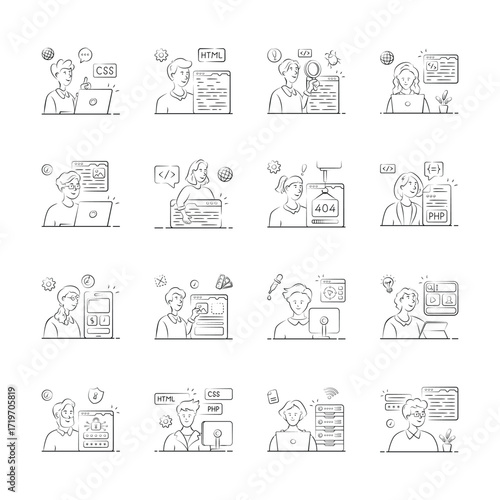 A set of illustrations depicts a diverse team of web developers working on various aspects of website creation and maintenance.
