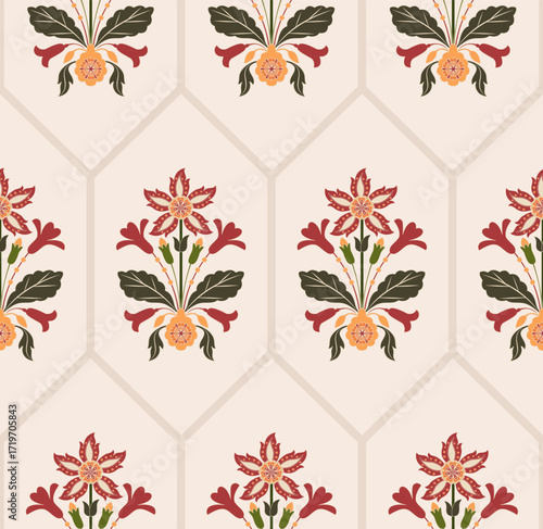 Vector Hand drawn colourful geometric flowers Motifs African boho paisley, seamless patterns with floral for fabric Ethnic Indian Pattern, textiles, clothing, wrapping paper, backdrop, banner.
